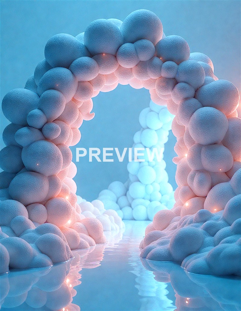 The image features an abstract structure composed of numerous soft, rounded, pastel-colored spheres forming a tunnel-like shape with a glowing, surreal atmosphere.